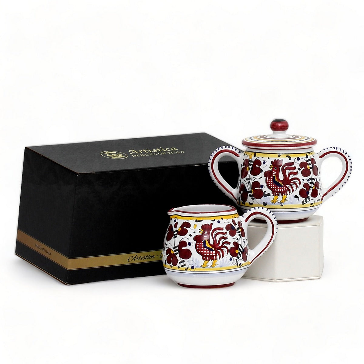 GIFT BOX: With authentic Deruta hand painted ceramic - Cream & Sugar Red Rooster Rooster design