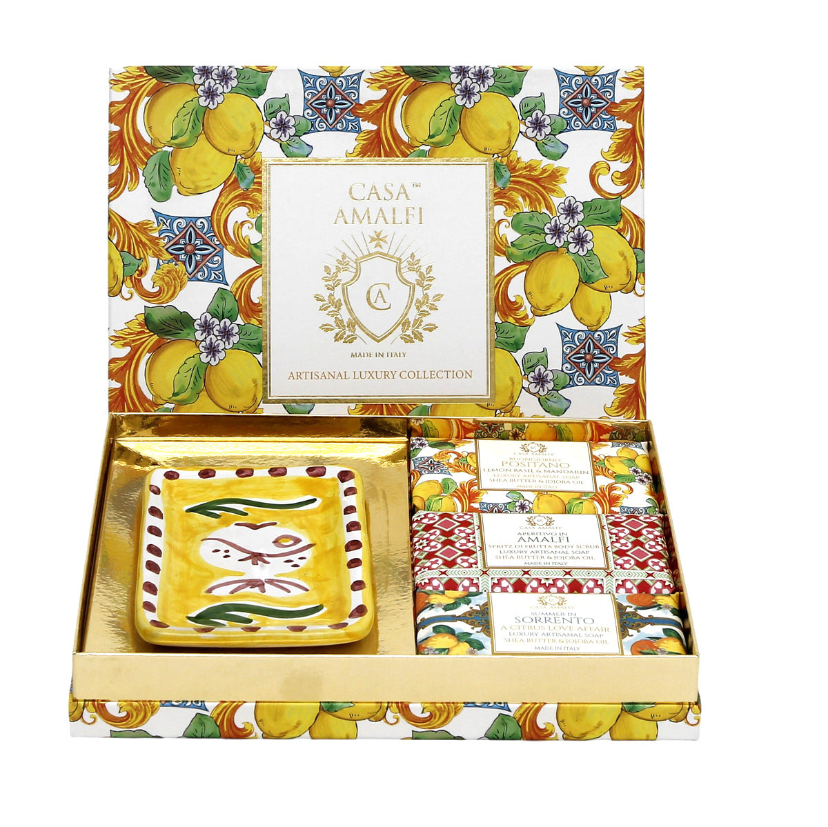 CASA AMALFI SOAPS: Scented Soap Bars with ceramic soap dish - Lemon Majolica Set