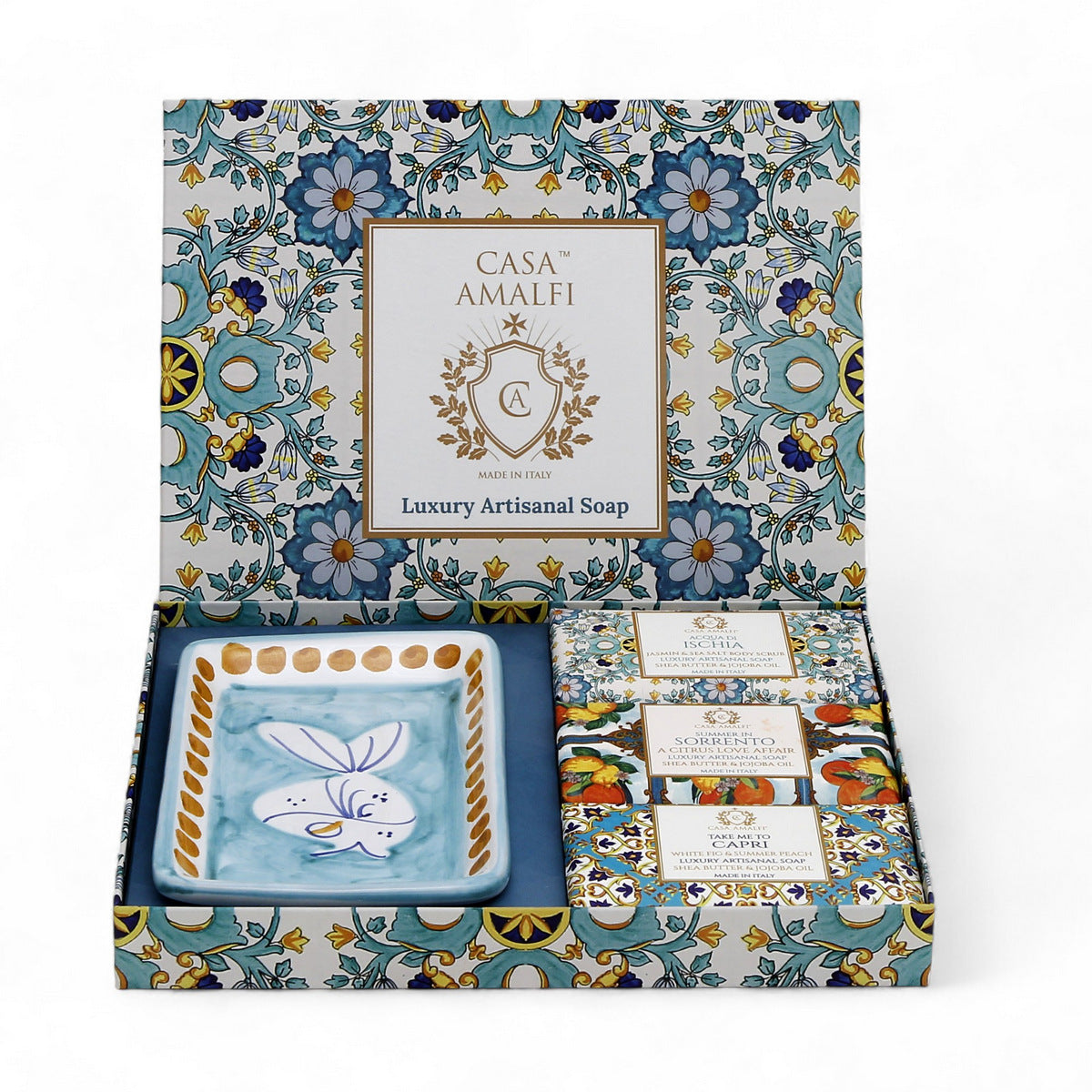 CASA AMALFI SOAPS: Scented Soap Bars with ceramic soap dish - Green Majolica Set