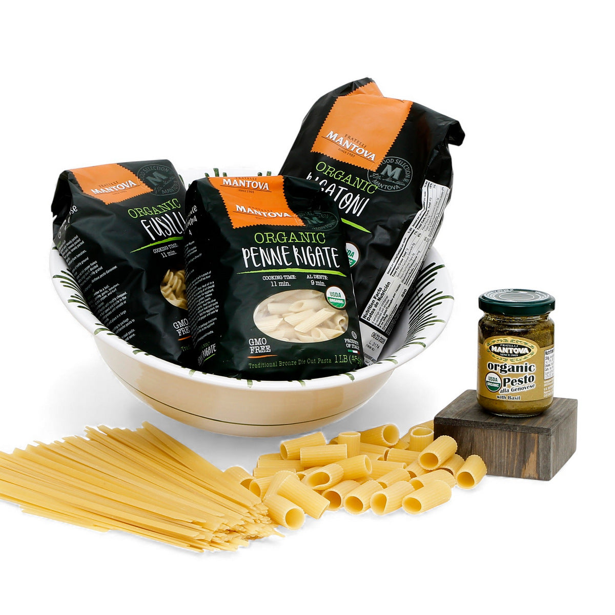 GIFT BUNDLES: Deruta Pasta Bowl with 3 Organic Pasta + Pesto Sauce - GIARDINO design