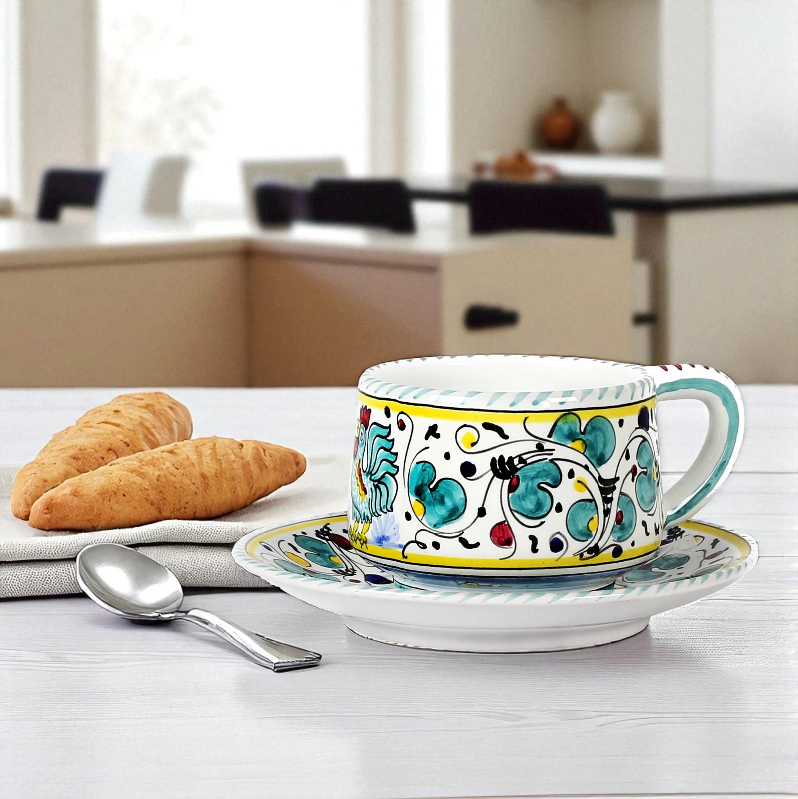 ORVIETO GREEN ROOSTER: Tea/Coffee Cup and Saucer - Artistica.com