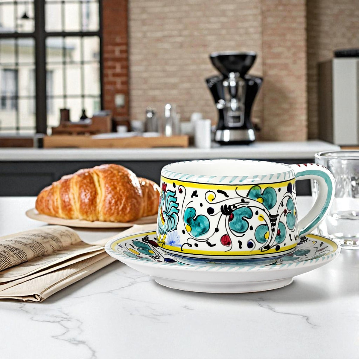 ORVIETO GREEN ROOSTER: Tea/Coffee Cup and Saucer