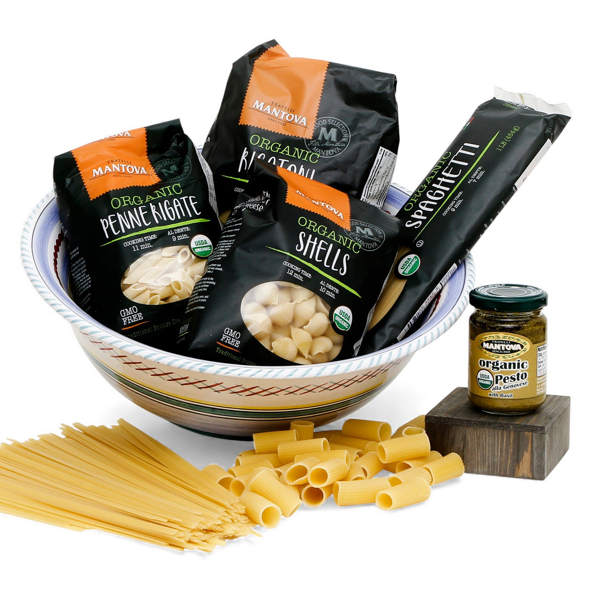 GIFT BUNDLES: Deruta Large Bowl with 4 Organic Pasta + Pesto Sauce - ORVIETO GREEN ROOSTER design