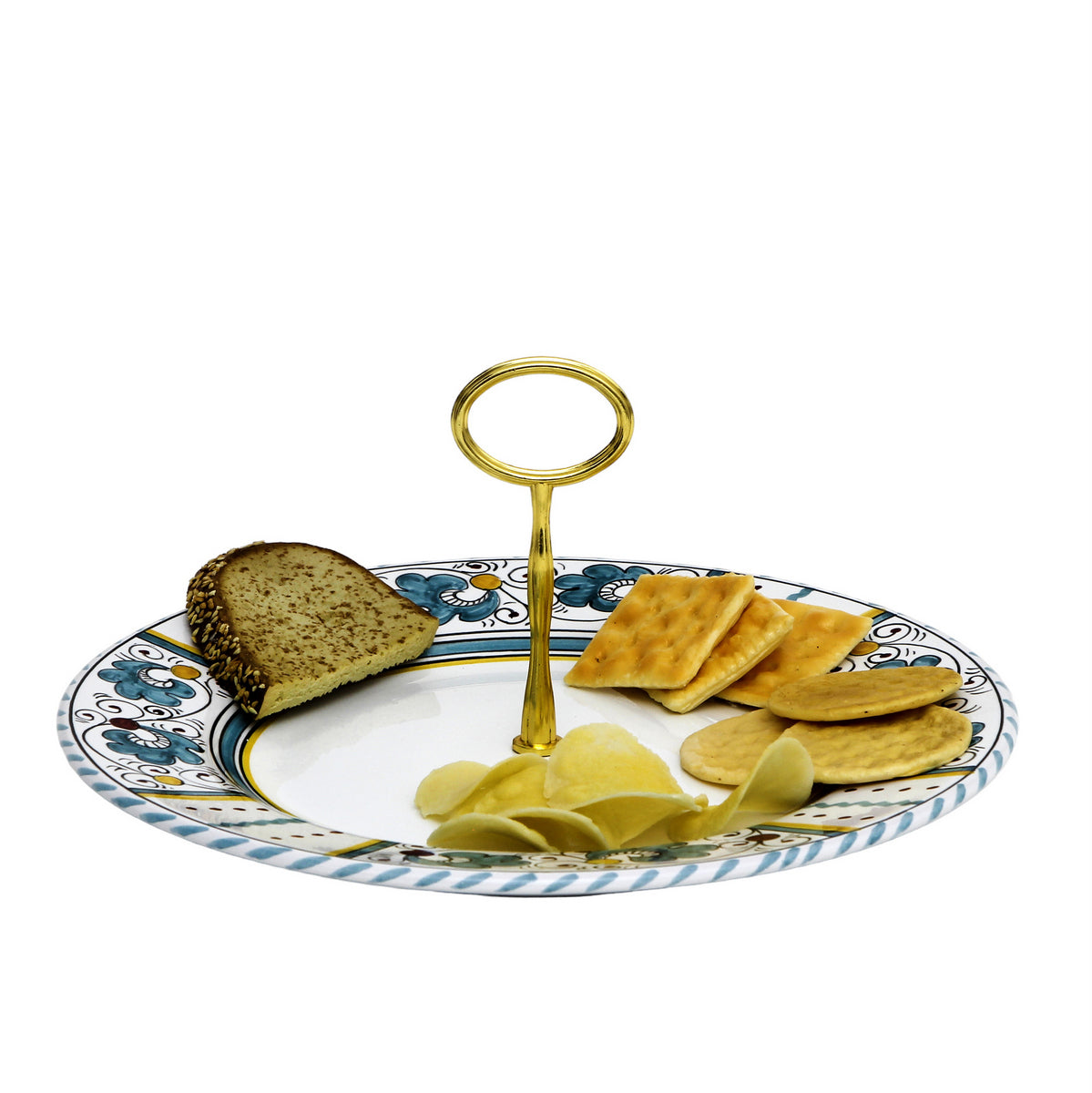 ORVIETO GREEN ROOSTER: Tid Bit Server Plate with Golden or Chrome Oval Metal Handle - Artistica.com