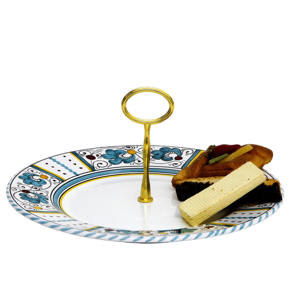 ORVIETO GREEN ROOSTER: Tid Bit Server Plate with Golden or Chrome Oval Metal Handle - Artistica.com