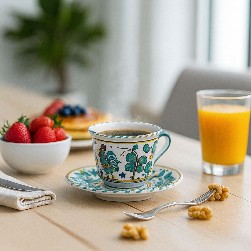 ORVIETO GREEN ROOSTER: Espresso cup and Saucer - Artistica.com