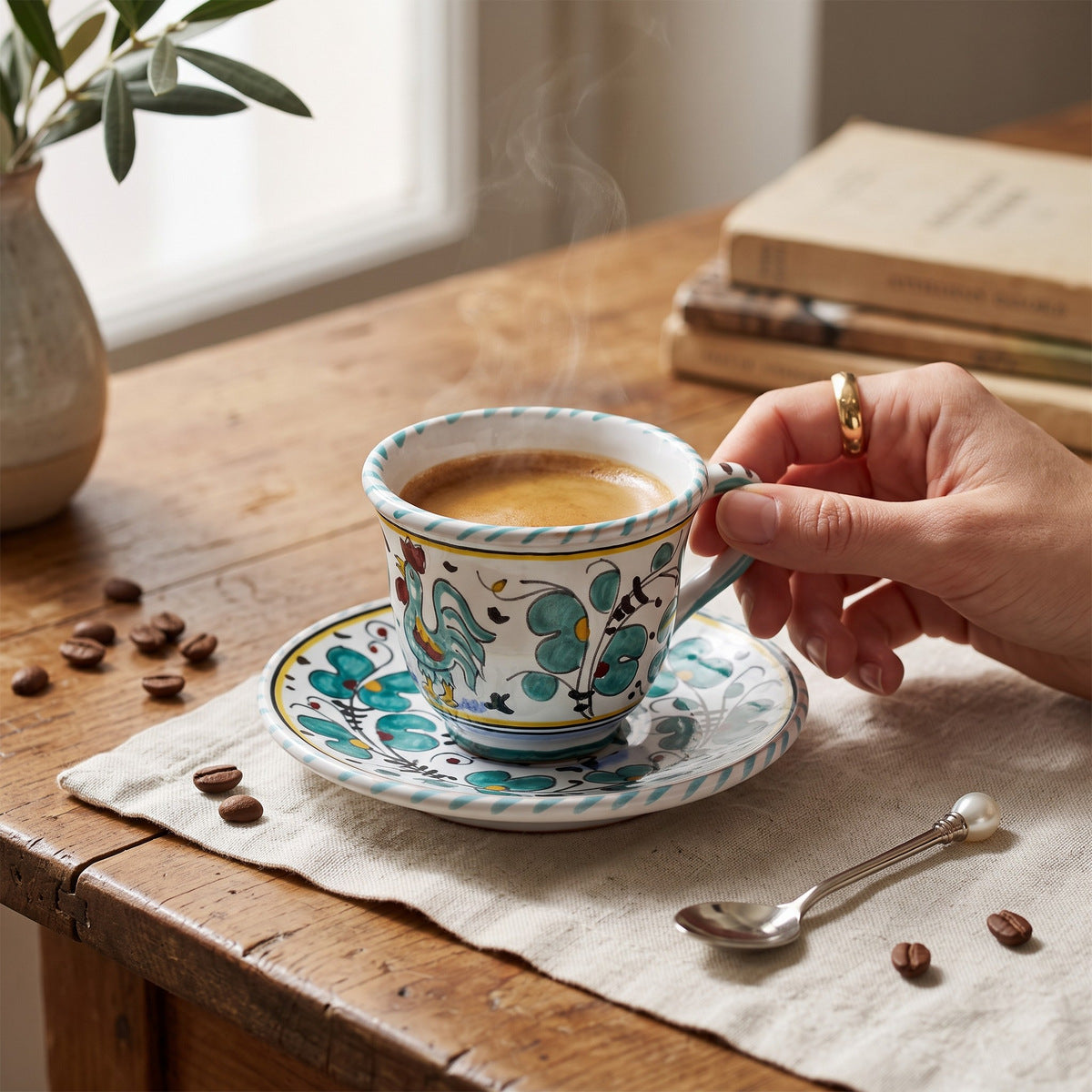 ORVIETO GREEN ROOSTER: Espresso cup and Saucer