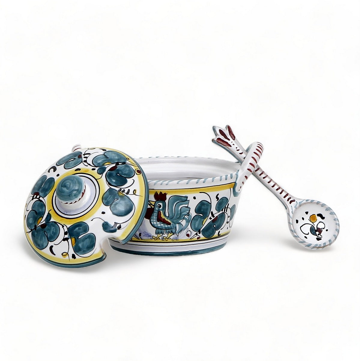 ORVIETO GREEN ROOSTER: Covered Parmesan Cheese Bowl with Spoon