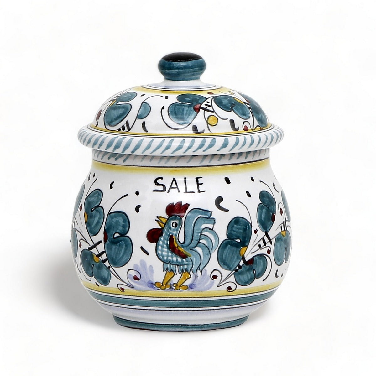 ORVIETO GREEN ROOSTER: Round SALE (Salt) Box Canister with rubber sealing lid [R]