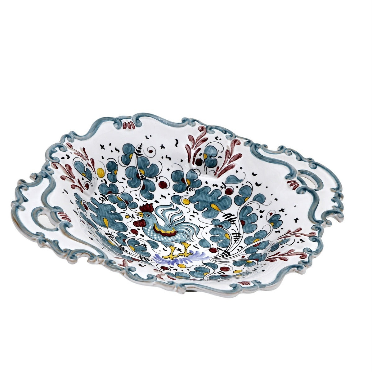 ORVIETO GREEN ROOSTER: Oval Baroque Tray/Bowl with Handles
