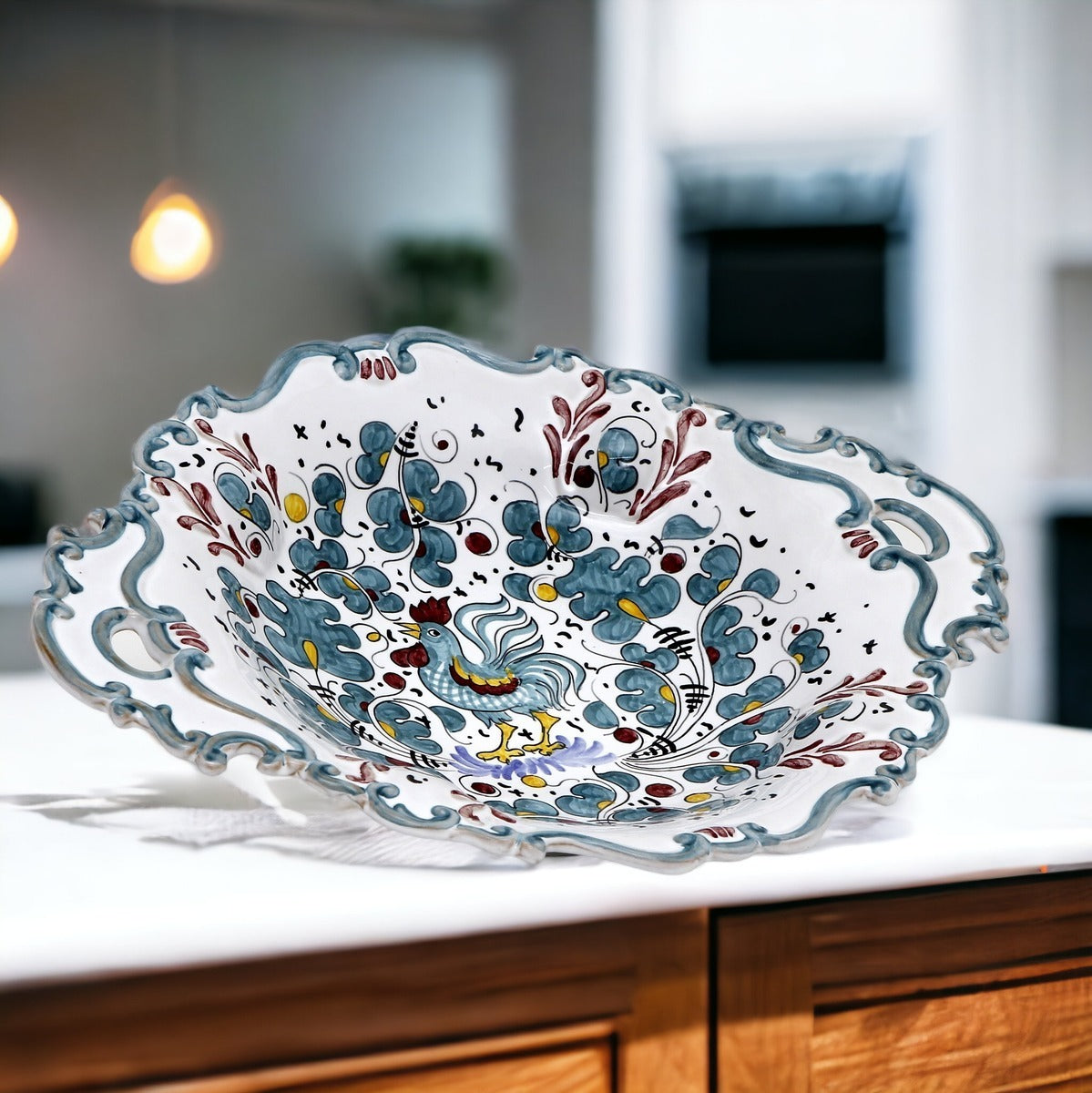 ORVIETO GREEN ROOSTER: Oval Baroque Tray/Bowl with Handles