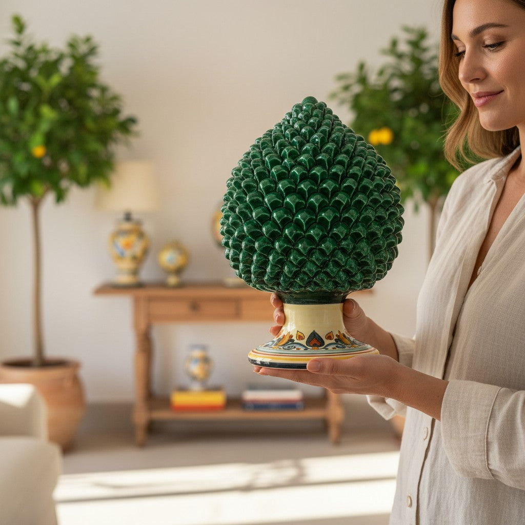 SICILIAN PINECONE: Ceramic 'Pigna Siciliana' Handcrafted with decorated pedestal - GREEN