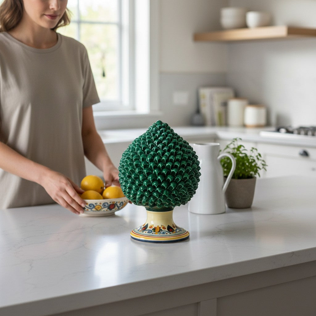 SICILIAN PINECONE: Ceramic 'Pigna Siciliana' Handcrafted with decorated pedestal - GREEN