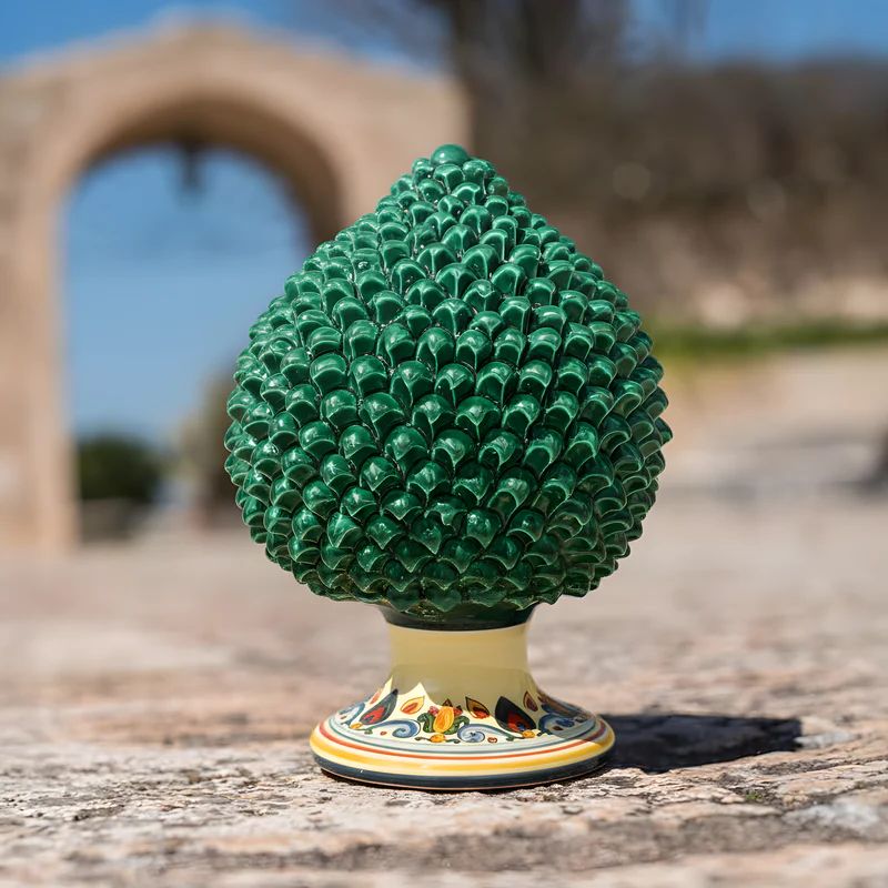 SICILIAN PINECONE: Ceramic 'Pigna Siciliana' Handcrafted with decorated pedestal - GREEN