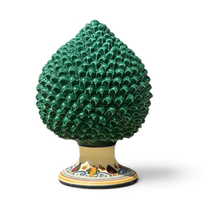 SICILIAN PINECONE: Ceramic 'Pigna Siciliana' Handcrafted with decorated pedestal - GREEN