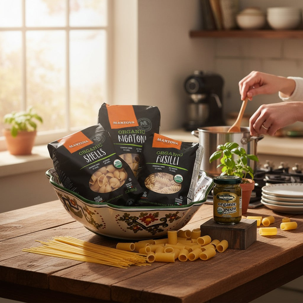 GIFT BUNDLES: Deruta Pasta Fluted Bowl with 3 Organic Pasta + Pesto Sauce - FAENZA-GAROFANO design