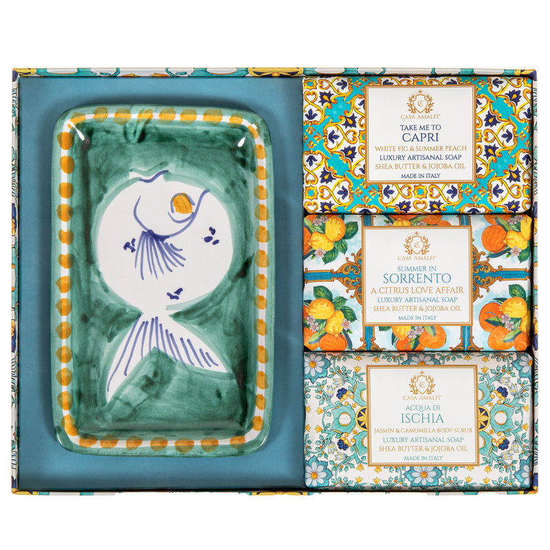 CASA AMALFI SOAPS: Scented Soap Bar with ceramic soap dish - Green Maiolica Gift Box: 3 Soaps + Ceramic Soap Dish