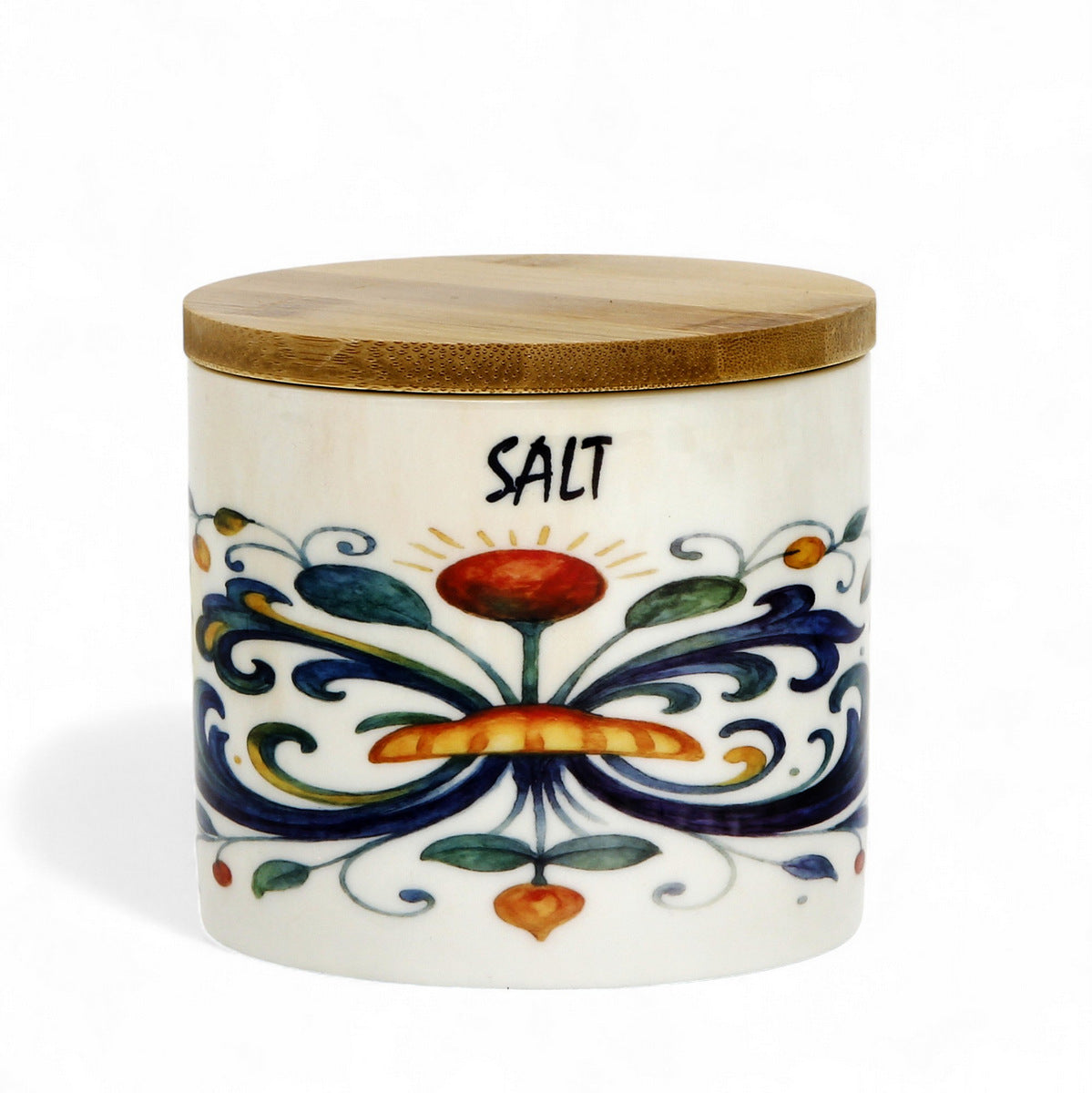RICCO ITALIA DERUTA: Porcelain storage short jar with sealing bamboo lid Ricco Italia Deruta SALT or SALE script- Mario Bruno Design