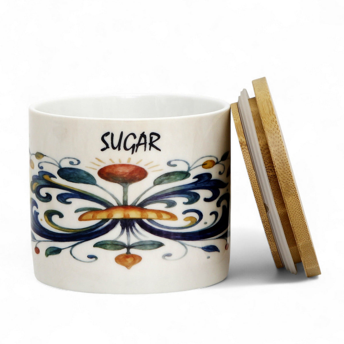 RICCO ITALIA DERUTA: Porcelain storage short jar with sealing bamboo lid Ricco Italia Deruta SUGAR or ZUCCHERO script- Mario Bruno Design