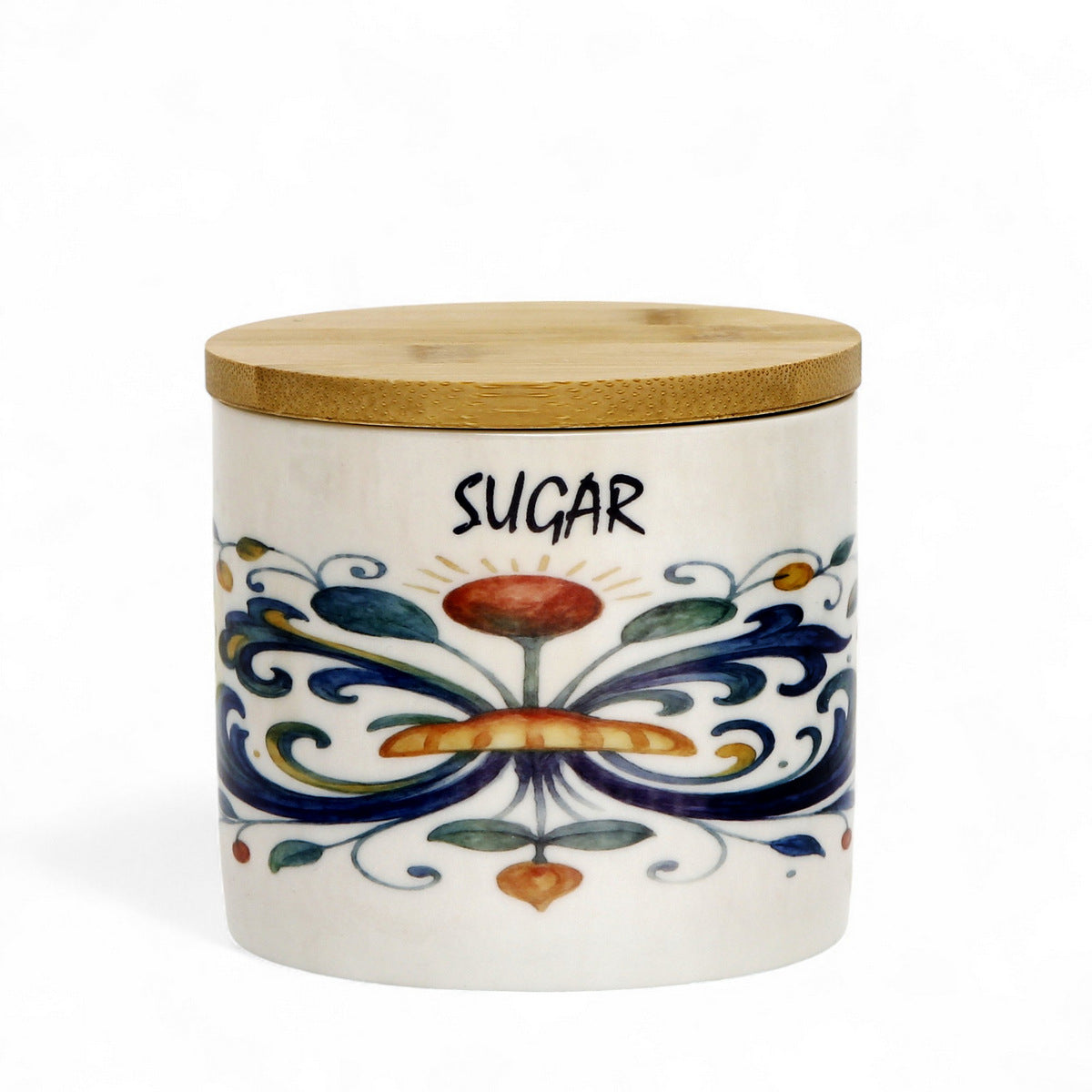 RICCO ITALIA DERUTA: Porcelain storage short jar with sealing bamboo lid Ricco Italia Deruta SUGAR or ZUCCHERO script- Mario Bruno Design