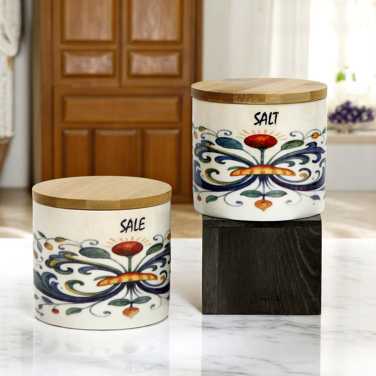 RICCO ITALIA DERUTA: Porcelain storage short jar with sealing bamboo lid Ricco Italia Deruta SALT or SALE script- Mario Bruno Design