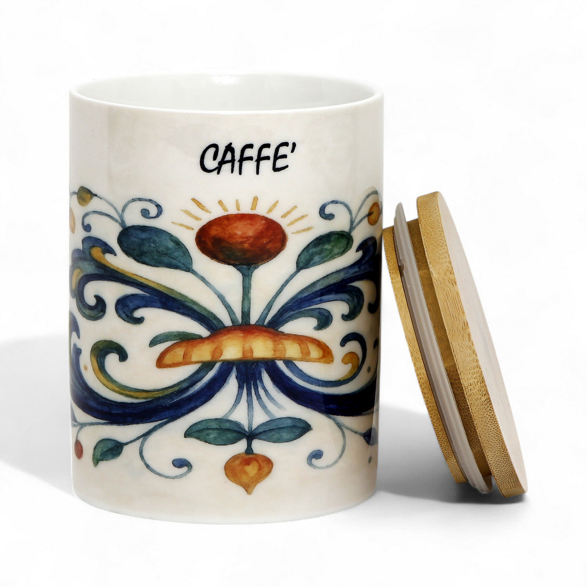 RICCO ITALIA DERUTA: Porcelain storage tall storage jar with sealing bamboo lid Ricco Italia Deruta 'COFFEE or CAFFE''