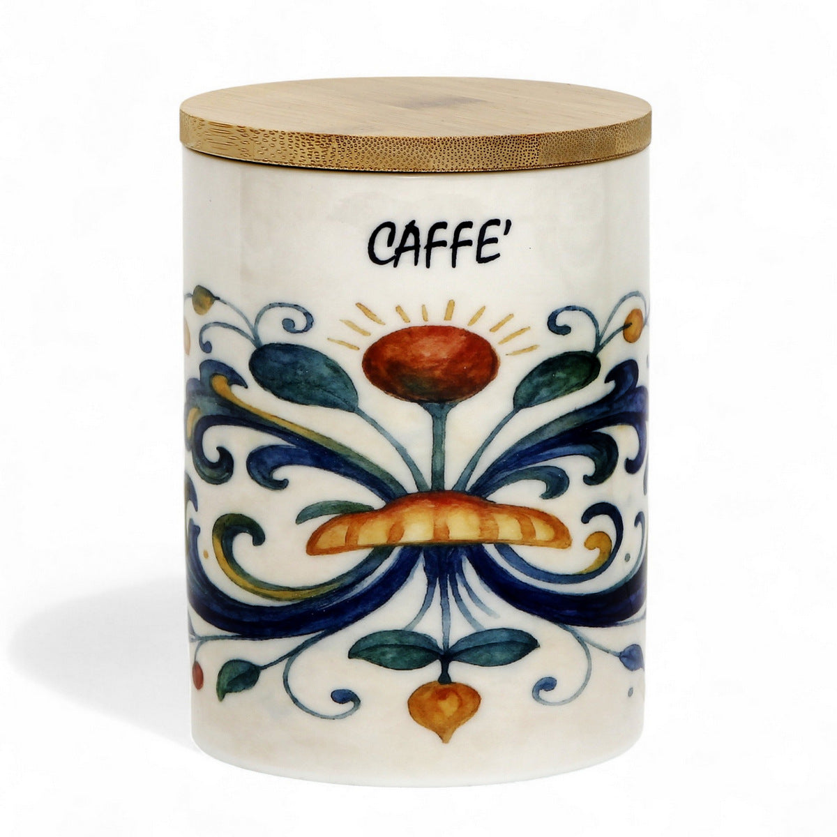 RICCO ITALIA DERUTA: Porcelain storage tall storage jar with sealing bamboo lid Ricco Italia Deruta 'COFFEE or CAFFE''