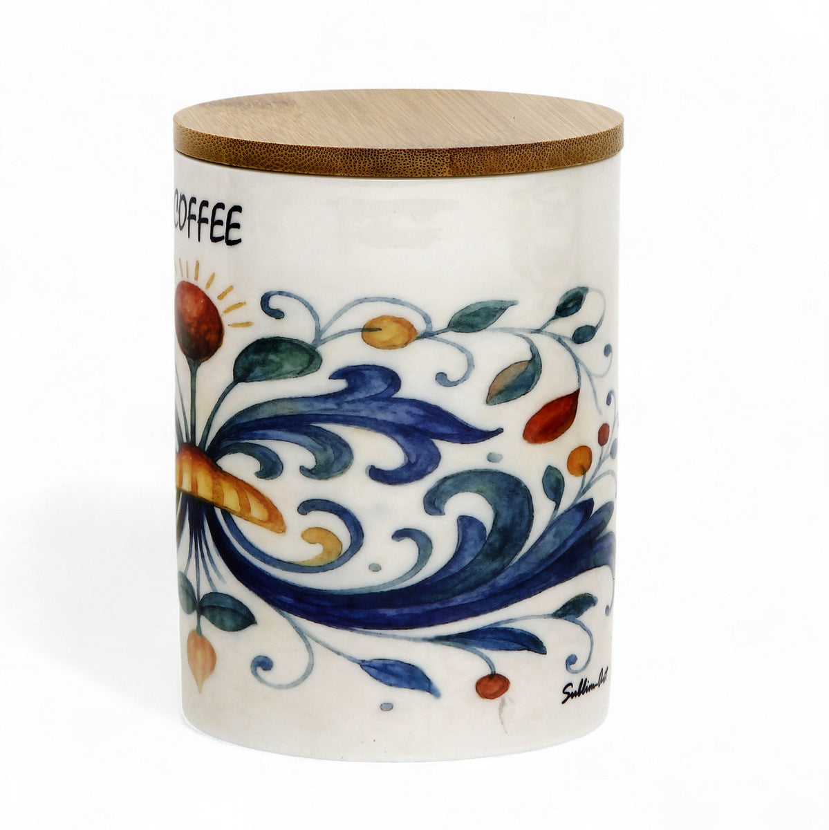 RICCO ITALIA DERUTA: Porcelain storage tall storage jar with sealing bamboo lid Ricco Italia Deruta 'COFFEE or CAFFE''