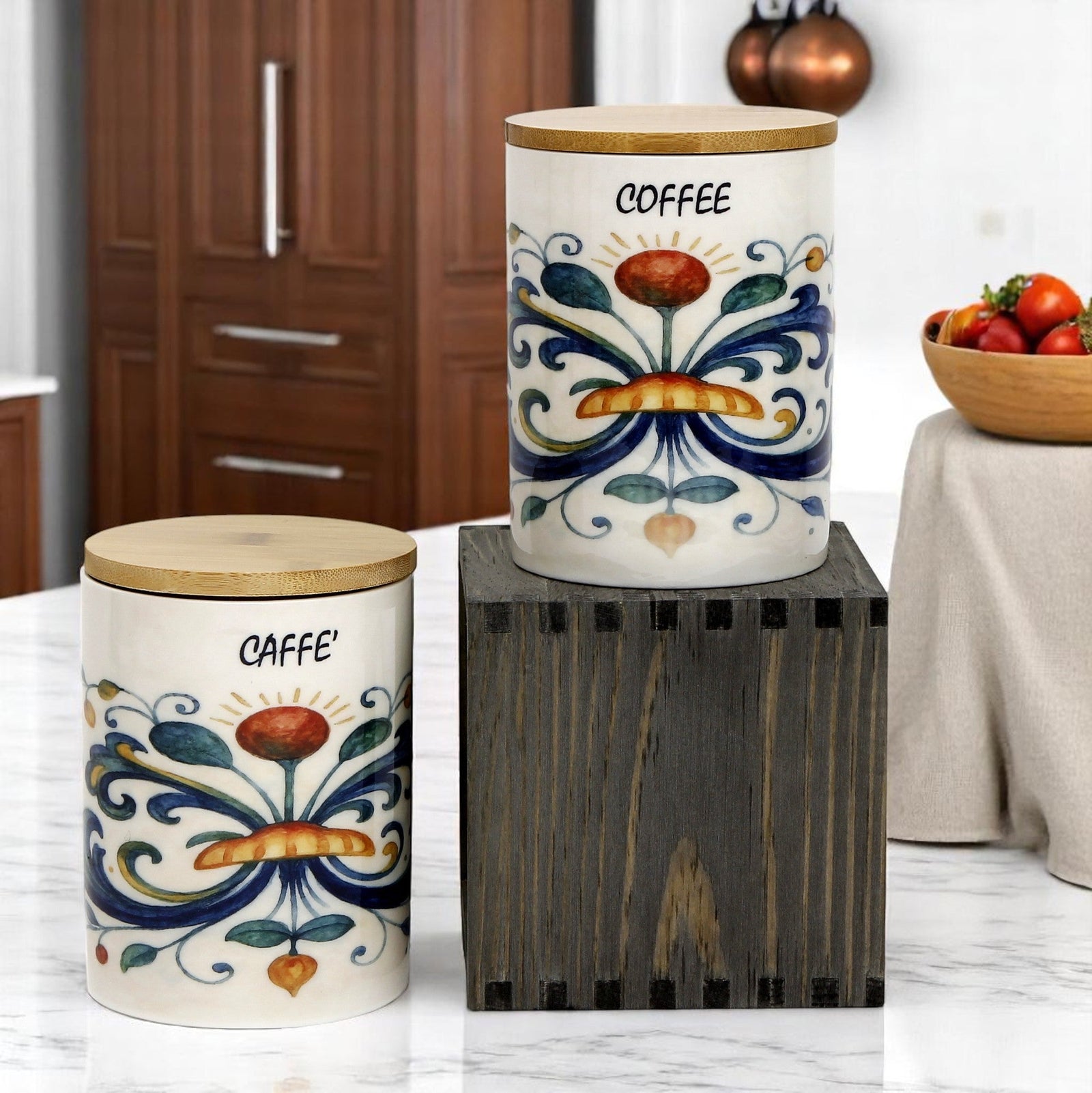 RICCO ITALIA DERUTA: Porcelain storage tall storage jar with sealing bamboo lid Ricco Italia Deruta 'COFFEE or CAFFE''