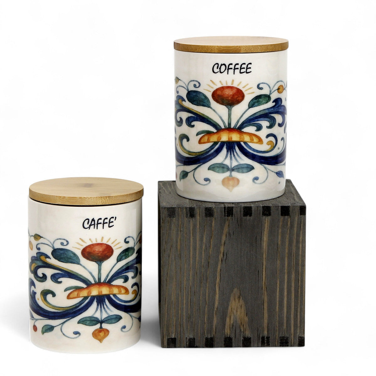 RICCO ITALIA DERUTA: Porcelain storage tall storage jar with sealing bamboo lid Ricco Italia Deruta &#39;COFFEE or CAFFE&#39;&#39;