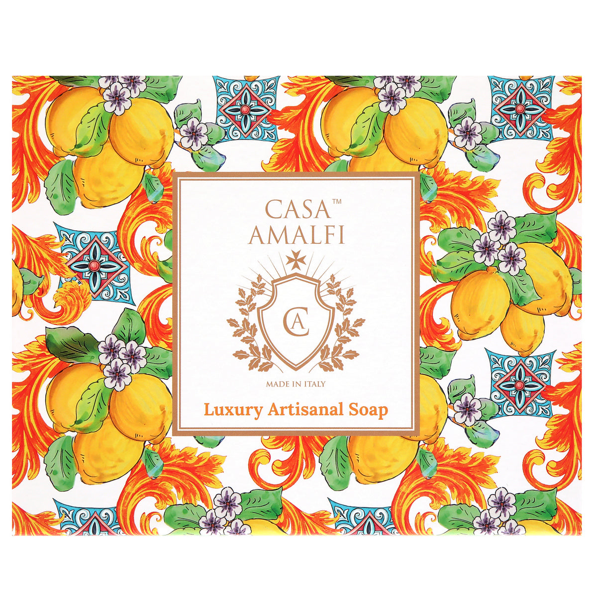 CASA AMALFI SOAPS: Scented Soap Bars with ceramic soap dish - Lemon Majolica Set - Artistica.com