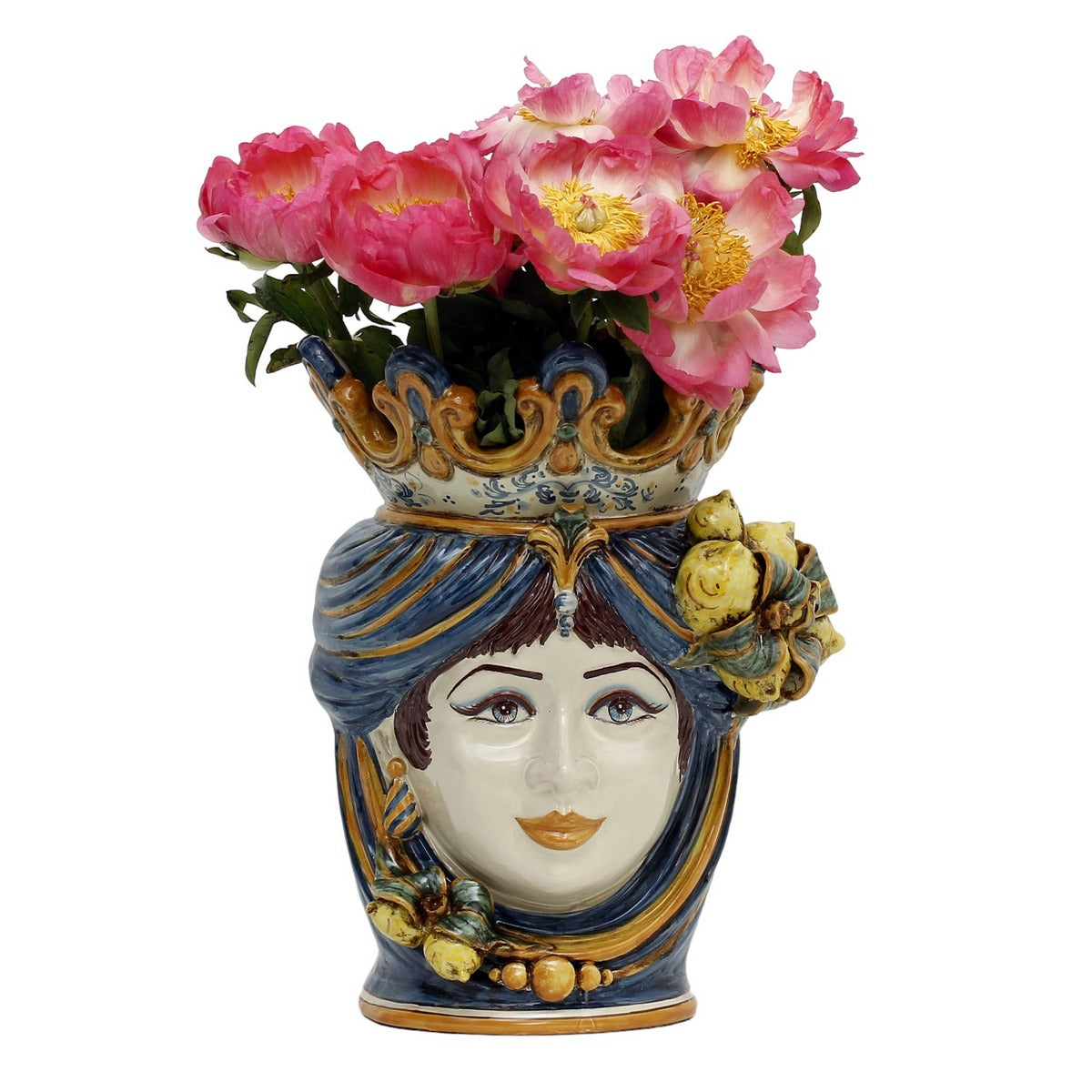 CALTAGIRONE: Moorish Sicilian Head Vase - Woman with LEMONS Multicolor Blue Orange (Large)