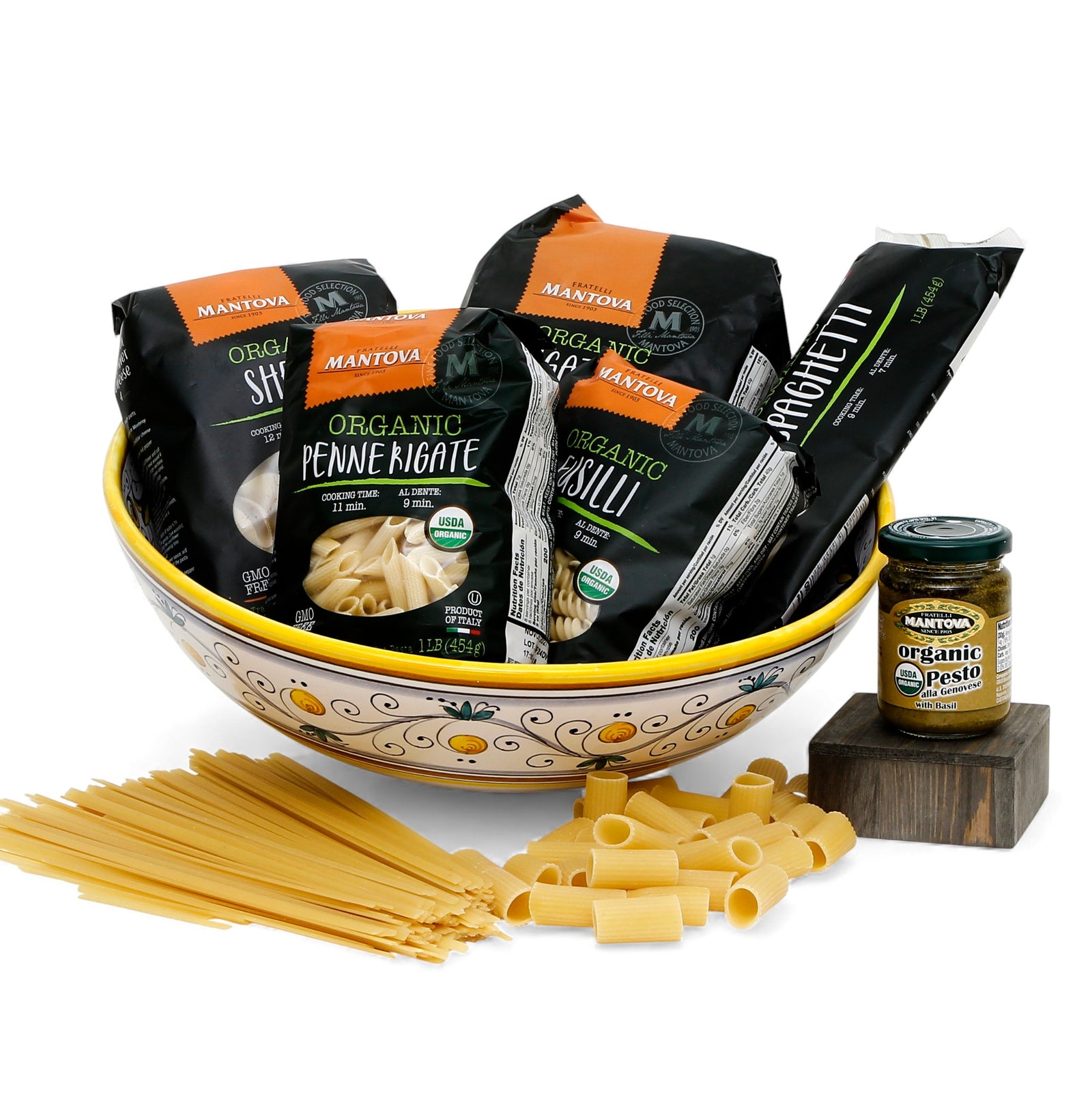 GIFT BUNDLES: Deruta Pasta Large Bowl with 5 Organic Pasta + Pesto Sauce - RICCO DERUTA DELUXE design