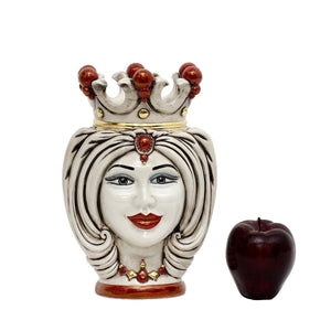 CALTAGIRONE: Moorish Sicilian Head Vase - Woman Antiqued White glaze with 24 Carats Gold and Red Accents (Medium)