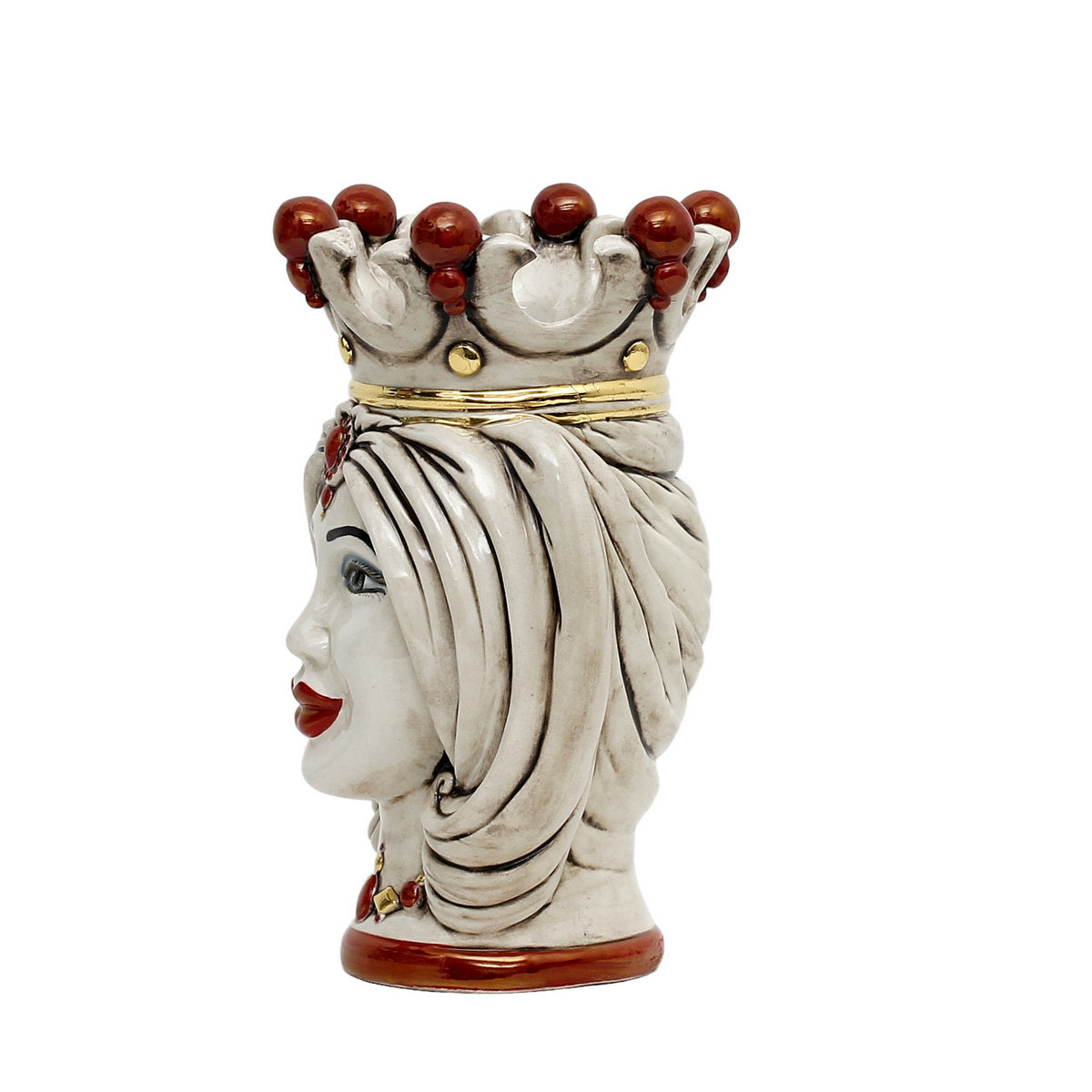 CALTAGIRONE: Moorish Sicilian Head Vase - Woman Antiqued White glaze with 24 Carats Gold and Red Accents (Medium)