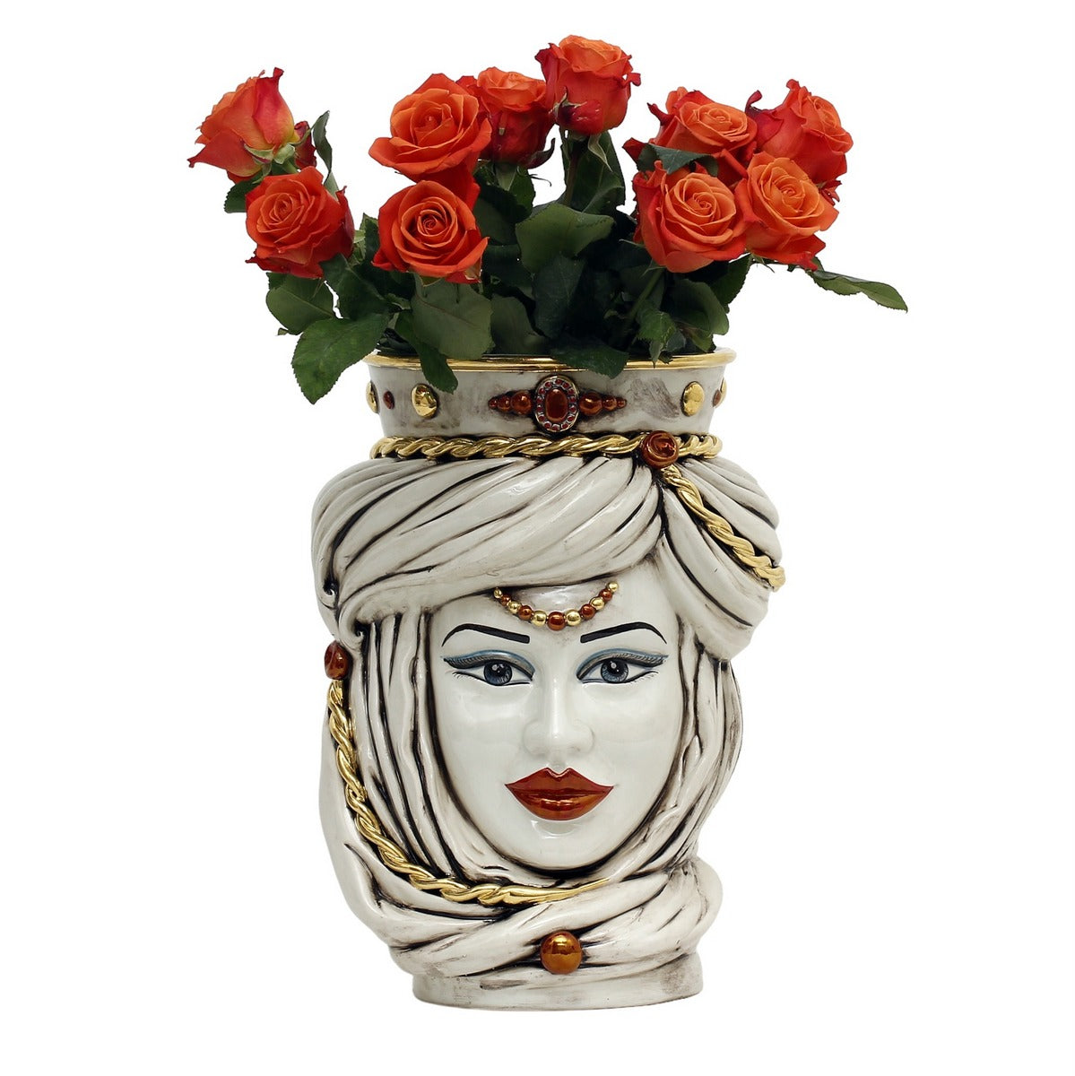 CALTAGIRONE: Moorish Sicilian Head Vase - Woman Antiqued White glaze with 24 Carats Gold Accents (Large)