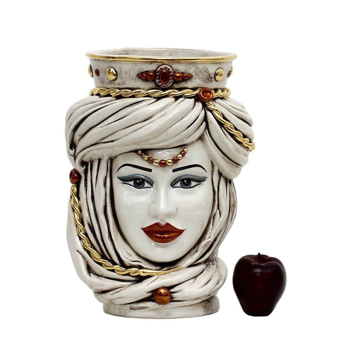 CALTAGIRONE: Moorish Sicilian Head Vase - Woman Antiqued White glaze with 24 Carats Gold Accents (Large)