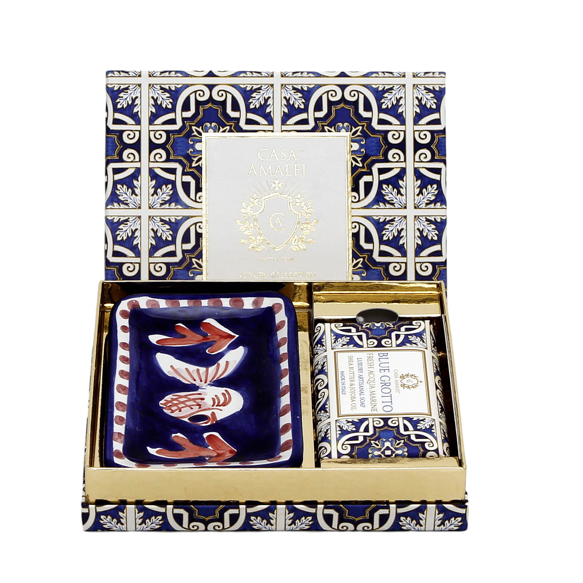 CASA AMALFI SOAPS: Scented Soap Bar with ceramic soap dish - BLUE GROTTO SINGLE GIFT BOX