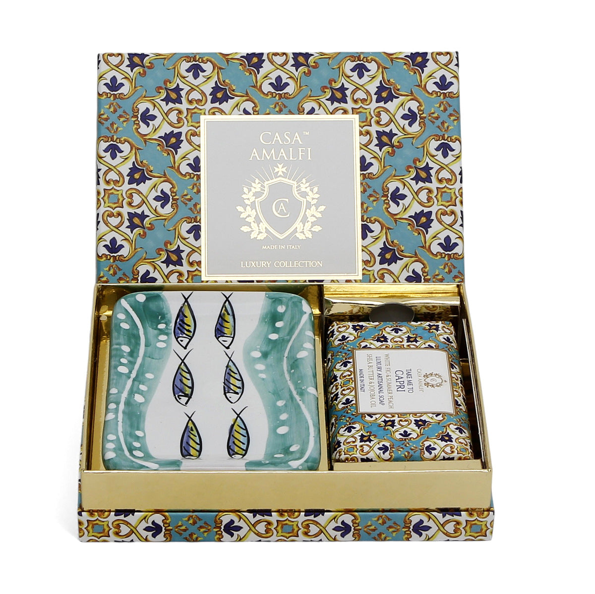 CASA AMALFI SOAPS: Scented Soap Bar with ceramic soap dish - Take me to Capri Set