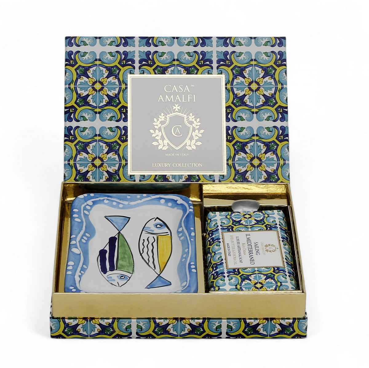 CASA AMALFI SOAPS: Scented Soap Bar with ceramic soap dish - Sailing Il Mediterraneo Single Gift Box
