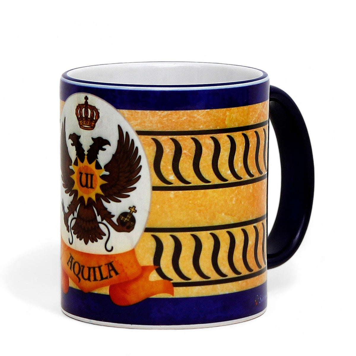 SUBLIMART: Palio di Siena Porcelain printed mug - Blue Handle &amp; Rim - Design by Mario Bruno - AQUILA (Eagle)