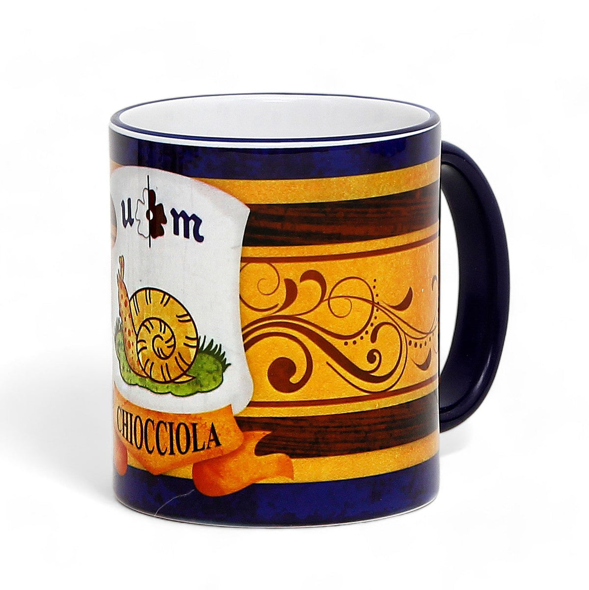 SUBLIMART: Palio di Siena Porcelain printed mug - Blue Handle &amp; Rim - Design by Mario Bruno - CHIOCCIOLA (Snail)