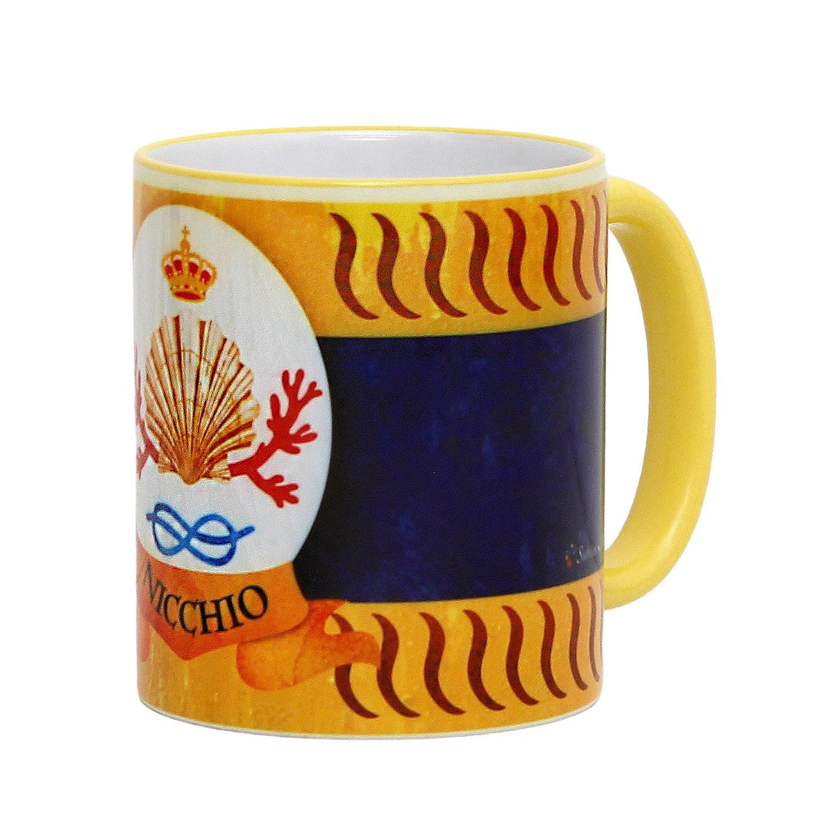 SUBLIMART: Palio di Siena Porcelain printed mug - Yellow Handle &amp; Rim - Design by Mario Bruno - NICCHIO (Shell)