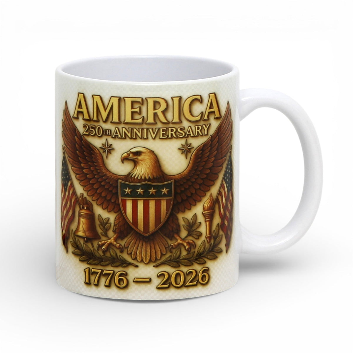 SUBLIMART: USA-250 Anniversary Mug - White Handle with Eagle on off white Background (11 Oz)