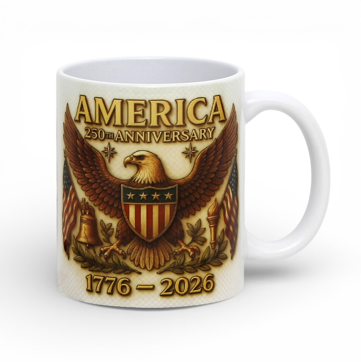 SUBLIMART: USA-250 Anniversary Mug - White Handle with Eagle on off white Background (11 Oz)
