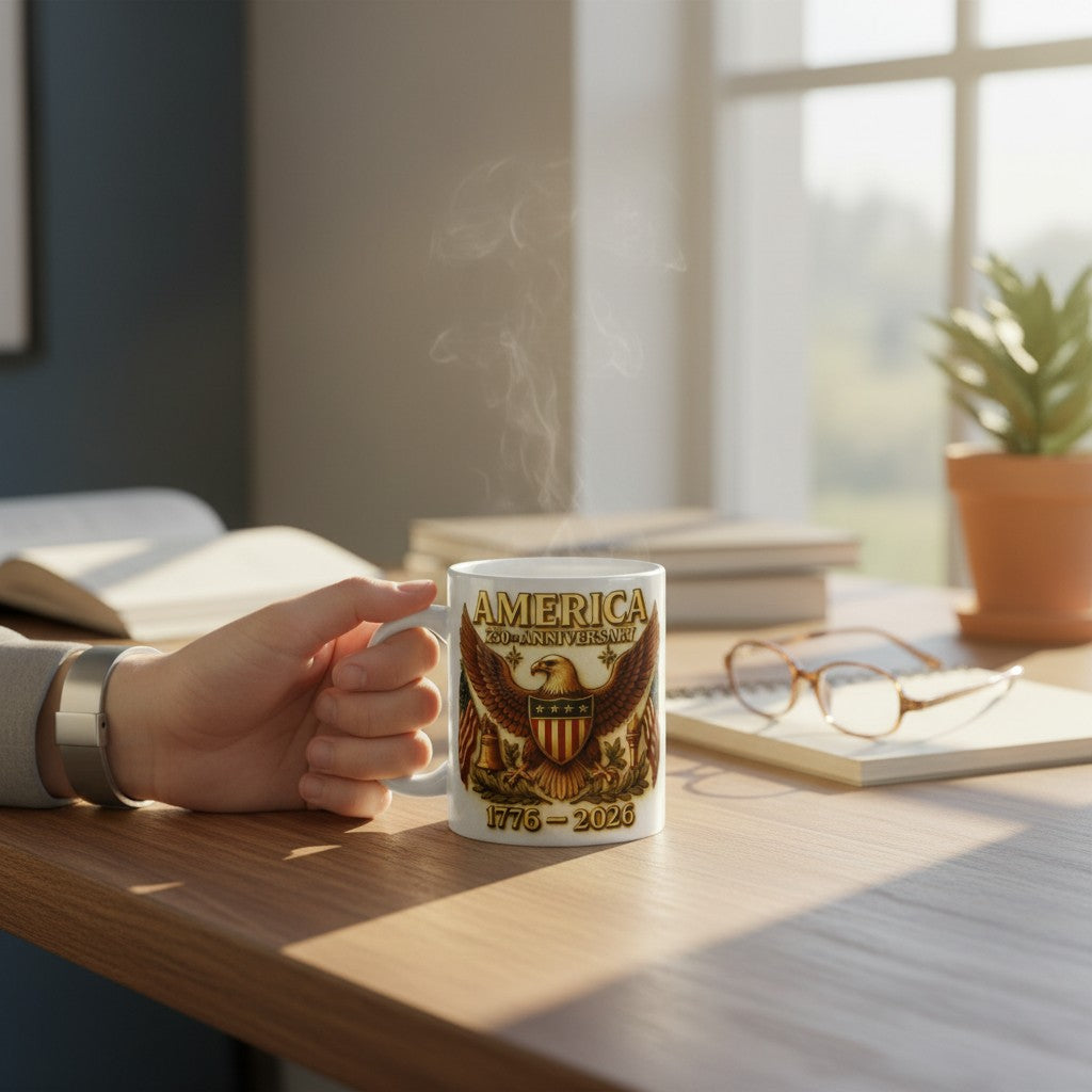 SUBLIMART: USA-250 Anniversary Mug - White Handle with Eagle on off white Background (11 Oz)