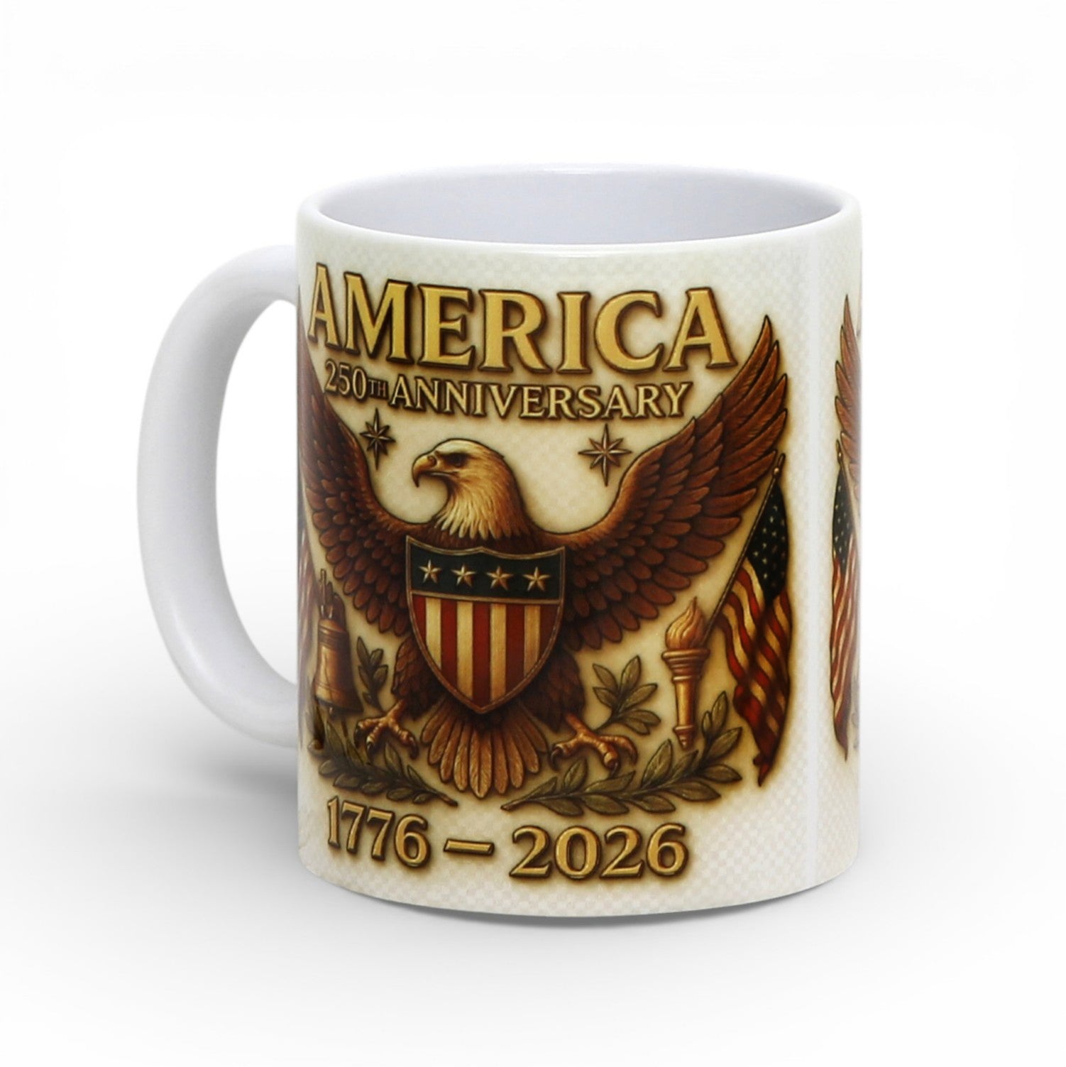 SUBLIMART: USA-250 Anniversary Mug - White Handle with Eagle on off white Background (11 Oz)
