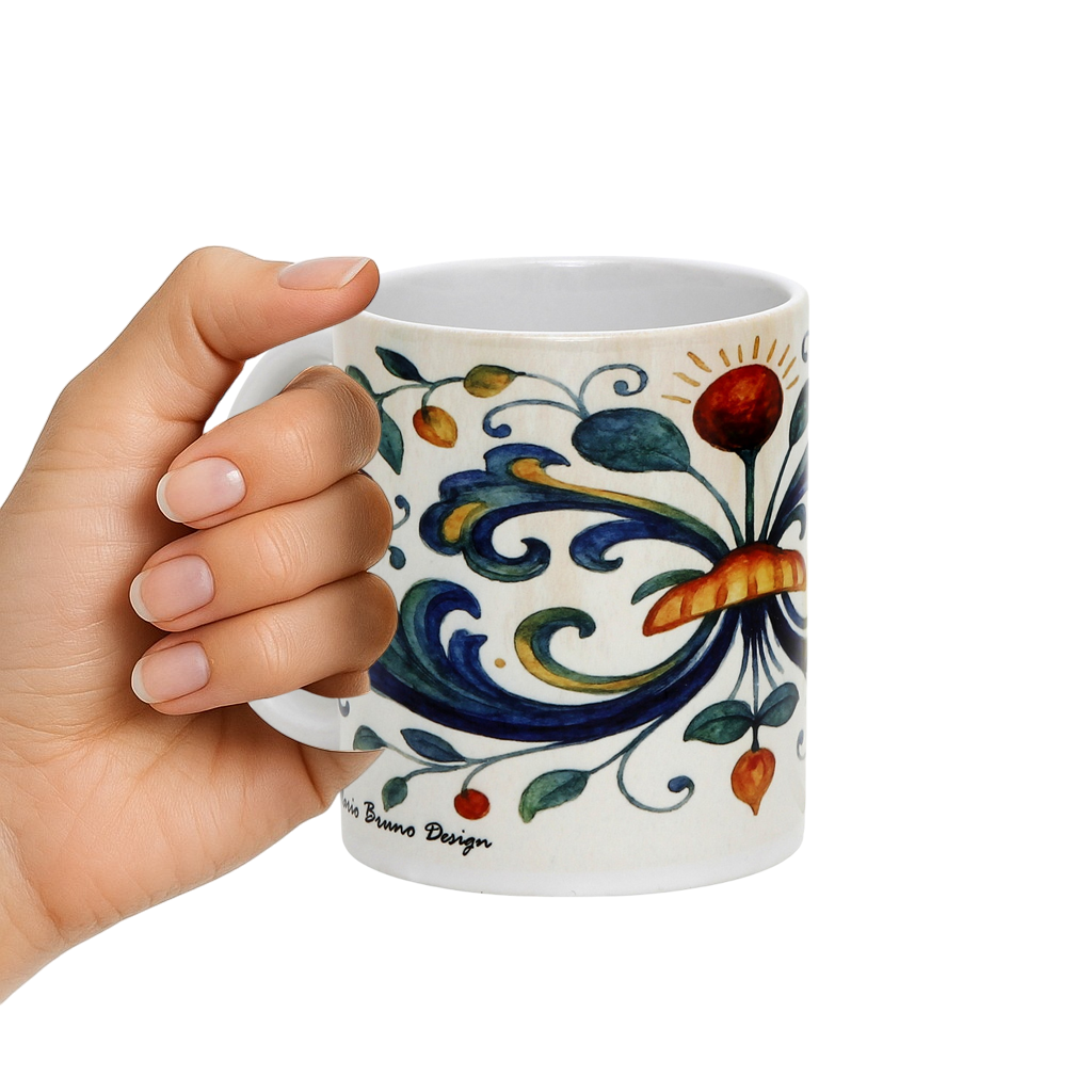 RICCO ITALIA DERUTA: Porcelain mug featuring Ricco Italia Deruta design by Mario Bruno. (11 Oz or 20 Oz)