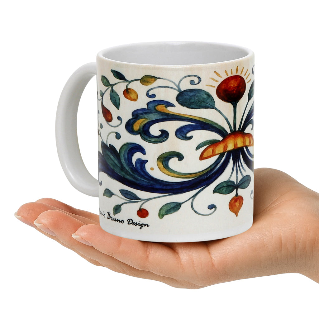 RICCO ITALIA DERUTA: Porcelain mug featuring Ricco Italia Deruta design by Mario Bruno. (11 Oz or 20 Oz)