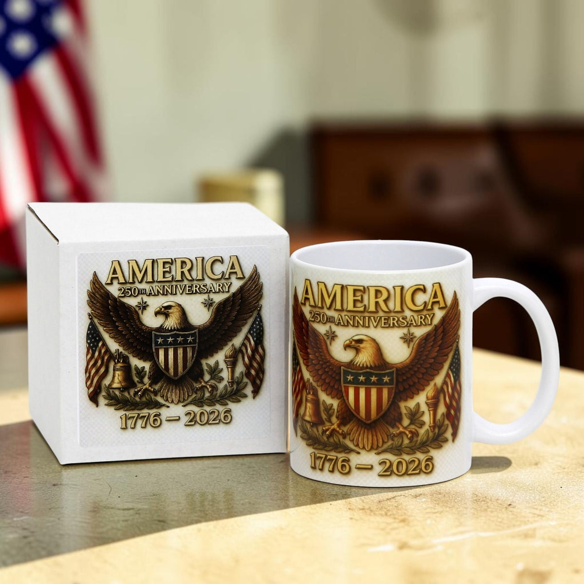 SUBLIMART: USA-250 Anniversary Mug - White Handle with Eagle on off white Background (11 Oz)